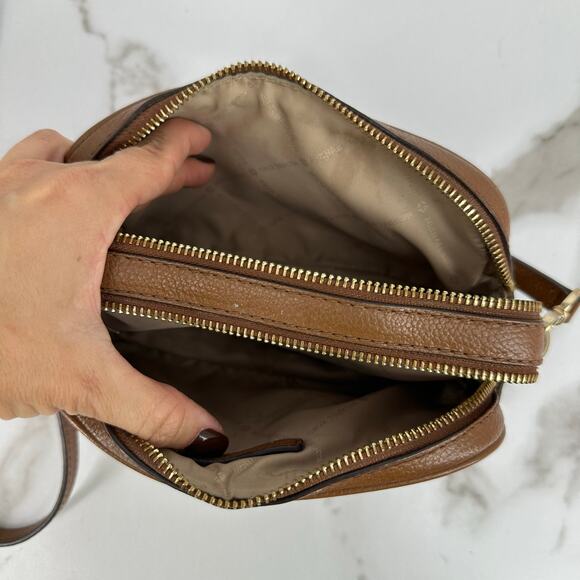 Michael Kors Double Zipper Jet Set Pebbled Leather Crossbody Bag Brown - Picture 9 of 15